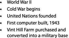 • World War II • Cold War begins • United Nations founded • First computer built, 1943 • Vint Hill Farm purchased and...