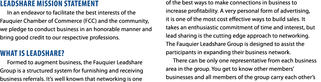 LEADSHARE MISSION STATEMENT In an endeavor to facilitate the best interests of the Fauquier Chamber of Commerce (FCC)...