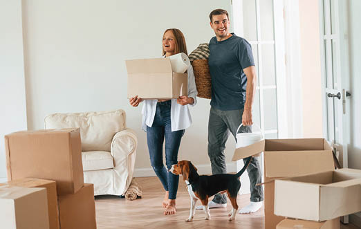Bright big appartment. Young couple with dog are moving to new home.