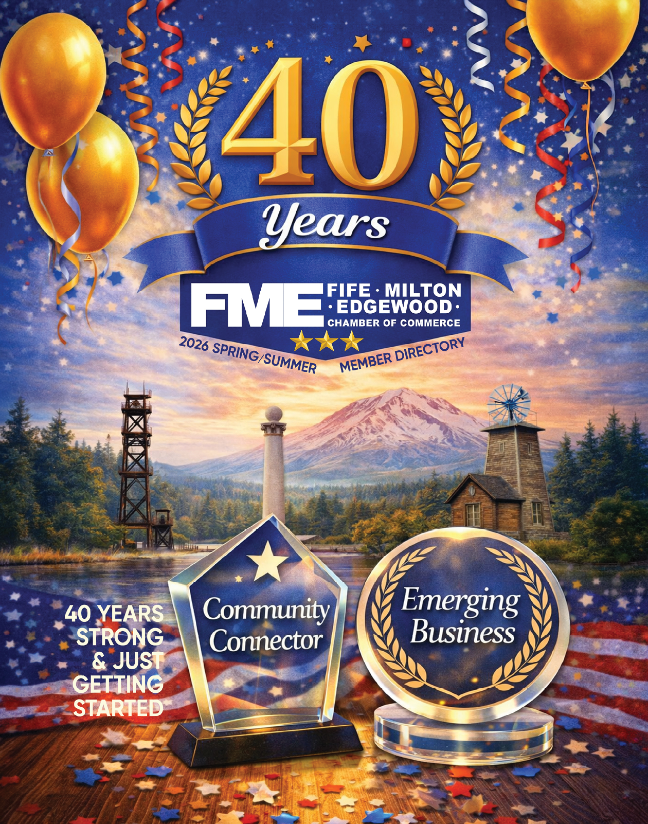 A poster celebrating 40 years of the Fife-Milton Chamber of Commerce. Description generated by AI