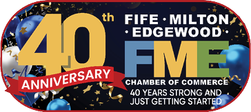 A poster celebrating 40 years of the chamber of commerce. Description generated by AI