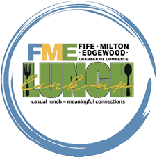 A blue circle with a logo for the Fife Milton Edgewood Chamber of Commerce. Description generated by AI