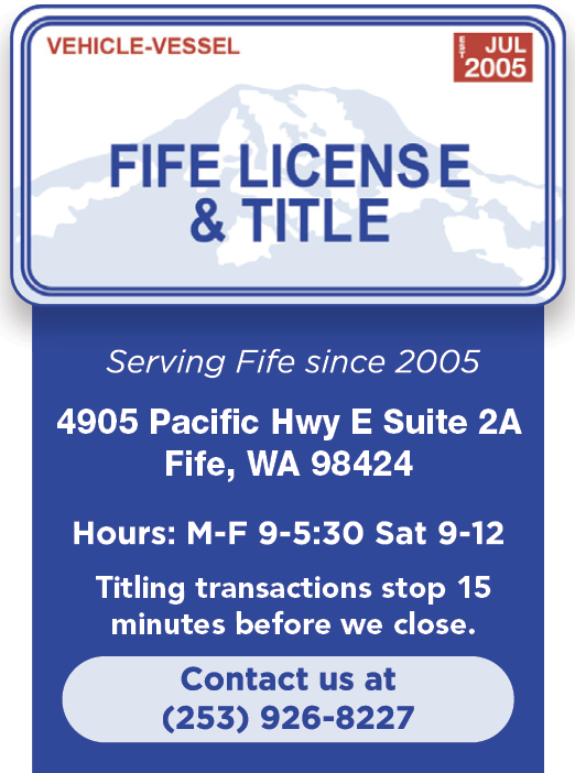 A blue sign with white letters that says “Vehicle Vessel" and "Fife License & Title" on it. Description generated by AI