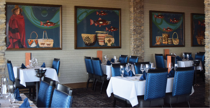 A restaurant with blue tables and chairs. Description generated by AI