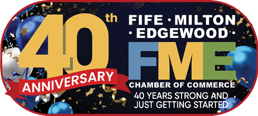 A poster celebrating 40 years of the chamber of commerce. Description generated by AI