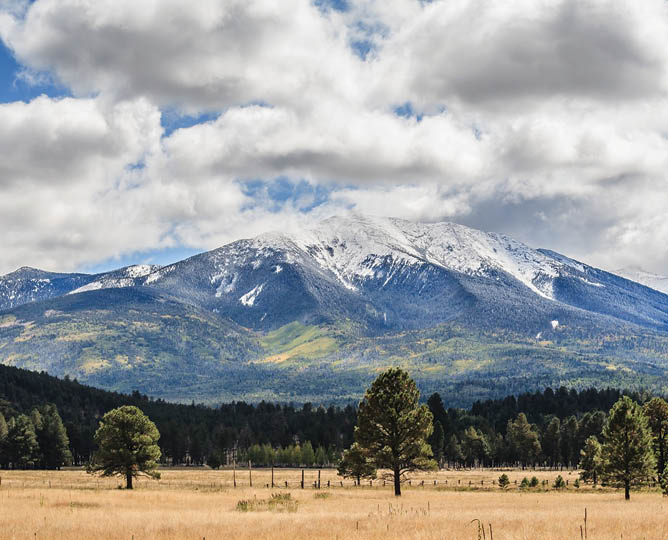 Some lingering summer, touches of yellow on the mountain capped by and early snow. San Francisco Peaks, Flagstaff, AZ.
