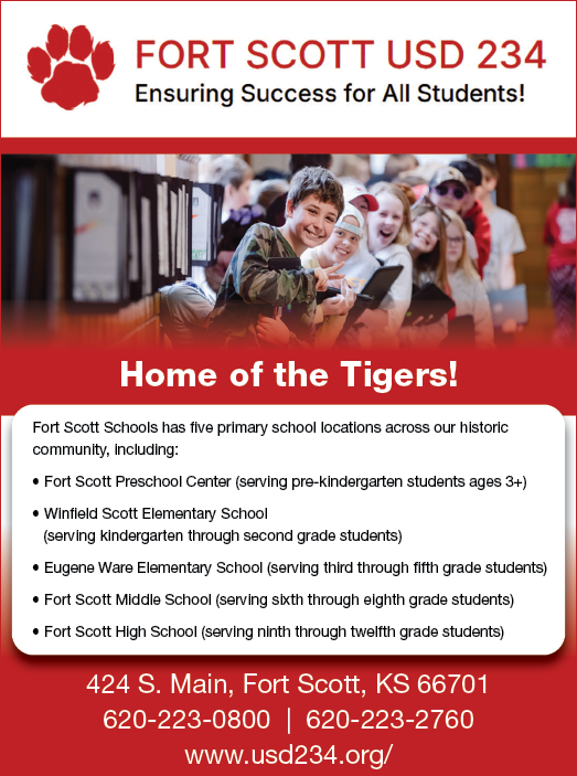 A flyer for Fort Scott USD 234, featuring a picture of a boy and girls smiling and a tiger mascot. AI generated content