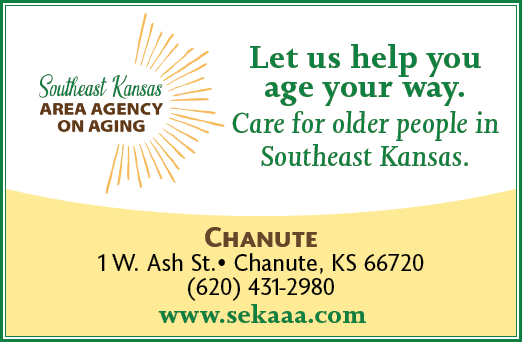 A yellow and green advertisement for an agency that helps older people in southeast Kansas. AI generated content