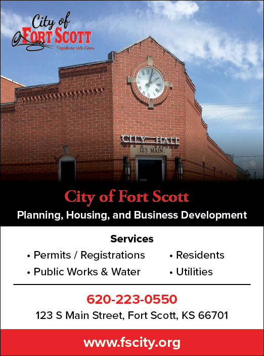 A flyer for the City of Fort Scott, Kansas, featuring a brick building with a clock on it. AI generated content