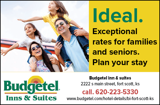 A family of four is shown on a Budgetel advertisement. AI generated content