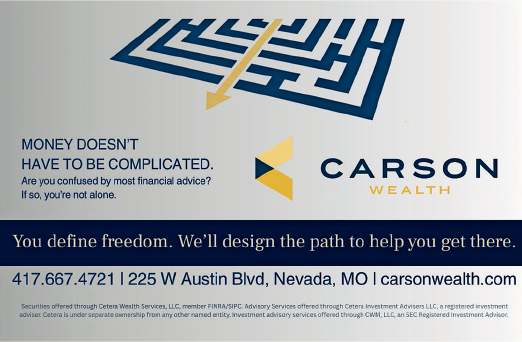 A business card for Carson Wealth with a mailing address and phone number. AI generated content