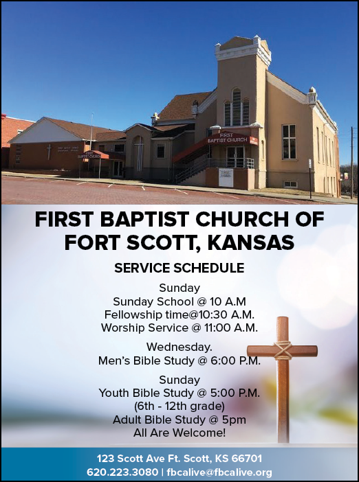 A flyer advertising the First Baptist Church of Fort Scott, Kansas, with a service schedule and contact information. AI generated content