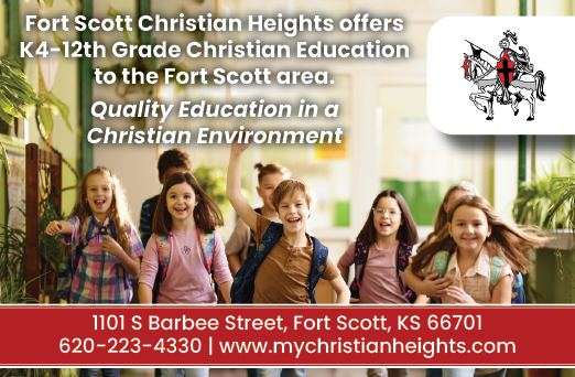 Advertisement for Fort Scott Christian Heights, featuring a group of children with backpacks and a sign that says “Fort Scott Christian Heights offers quality education in a Christian environment." AI generated content