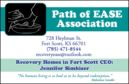 A business card for Path of Ease Association, located at 720 Hayes St, Fort Scott, KS 66701. AI generated content