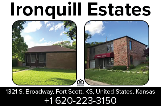 Two pictures of houses are shown, one with a red awning and the other with a white one. The houses are located at 131 S. Broadway in Fort Scott, Kansas. AI generated content