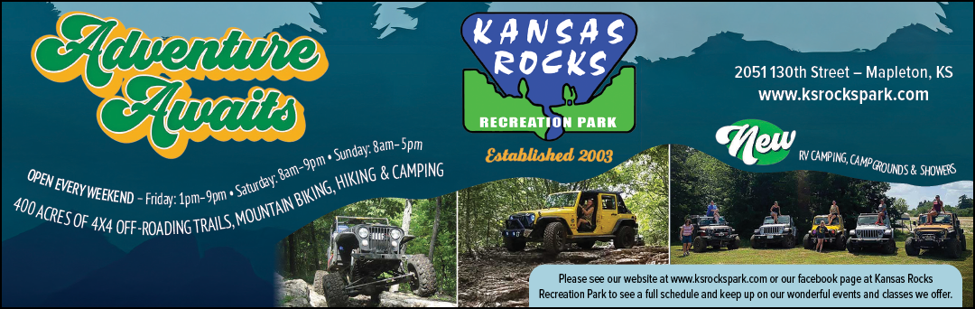 A blue and white advertisement for a campground in Kansas City. AI generated content