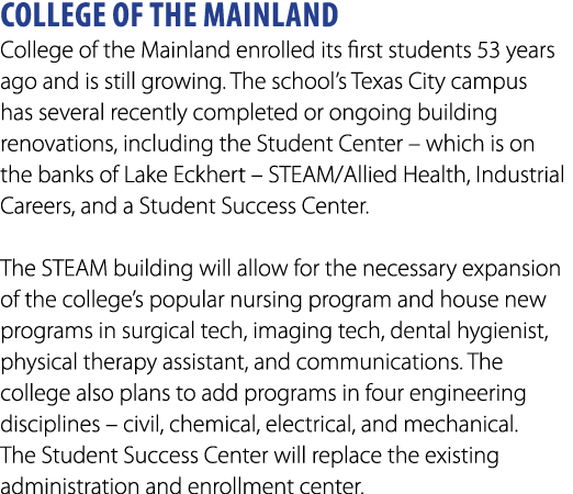 College of the Mainland ﻿College of the Mainland enrolled its first students 53 years ago and is still growing. The s...