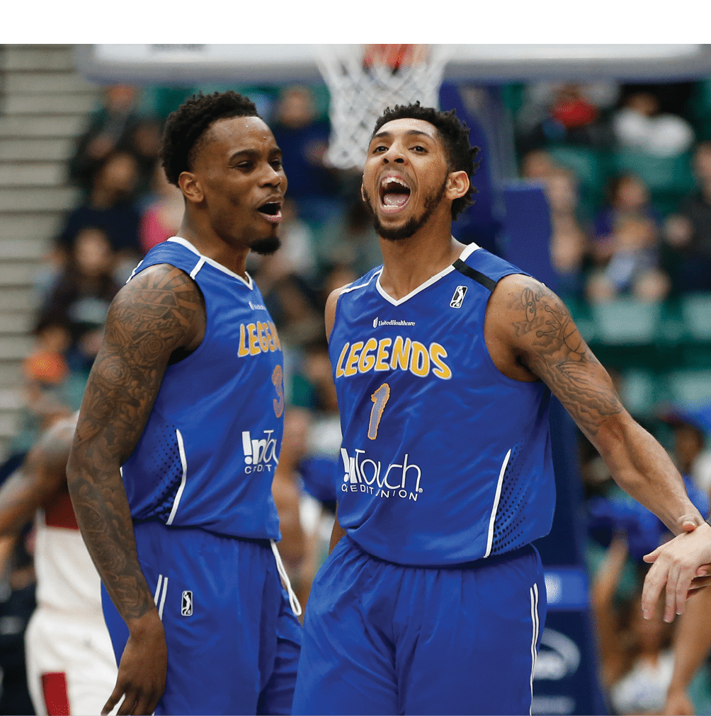 FRISCO, TX - FEBRUARY 28:  Cameron Payne #1 of the Texas Legends reacts with Antonius Cleveland #3 of the Texas Legends to making a three point basket during the fourth quarter against the Sioux Falls Skyforce on February  28, 2020 at Comerica Center in Frisco, Texas  NOTE TO USER: User expressly acknowledges and agrees that, by downloading and or using this photograph, User is consenting to the terms and conditions of the Getty Images License Agreement  Mandatory Copyright Notice: Copyright 2020 NBAE (Photo by Tim Heitman NBAE via Getty Images)
