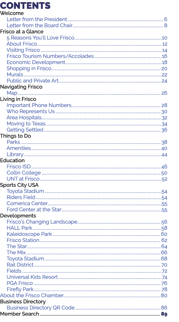 CONTENTS Welcome Letter from the President 6 Letter from the Board Chair 8 Frisco at a Glance 5 Reasons You’ll Love F...