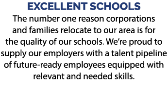 EXCELLENT SCHOOLS The number one reason corporations and families relocate to our area is for the quality of our scho...