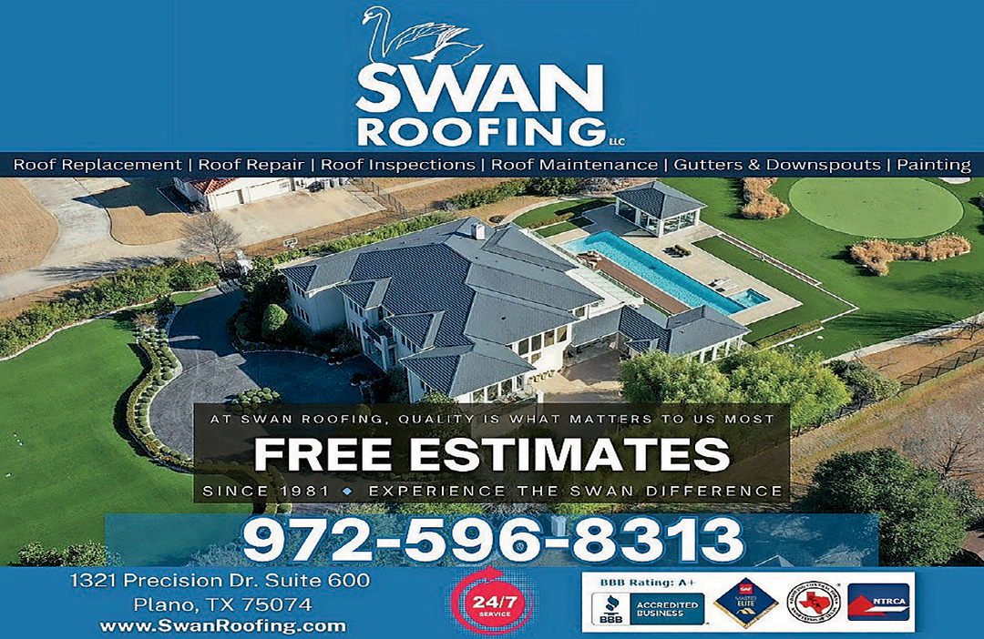 A blue and white advertisement for Swan Roofing, offering free estimates for roof repair, replacement, and maintenance. The advertisement also includes a phone number for contact. AI generated content