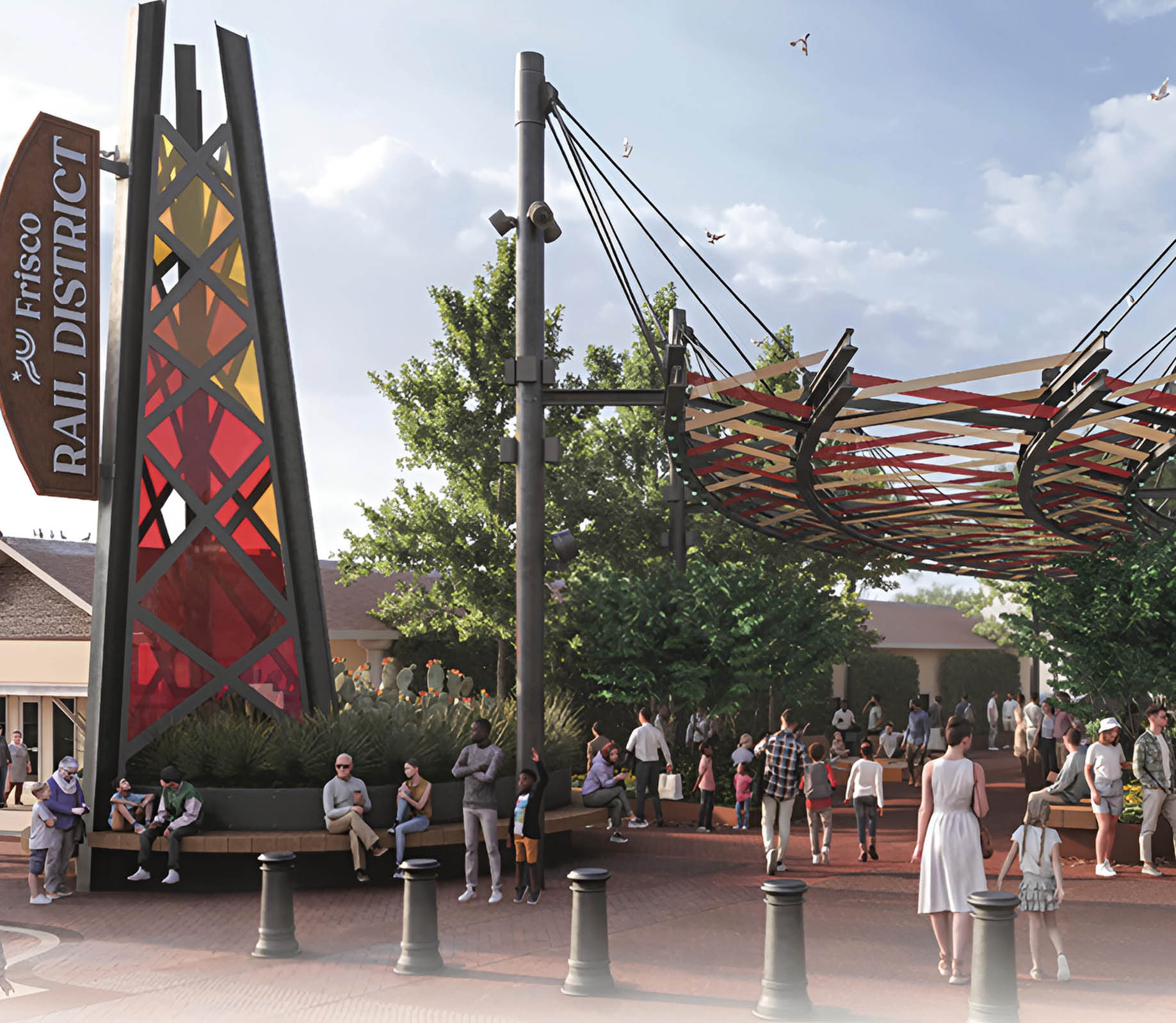 A large group of people are gathered in a plaza, walking around and socializing. There are several benches and a dining table in the area, providing a place for people to sit and relax. The scene is lively and bustling, with people of all ages enjoying the outdoor space. AI generated content