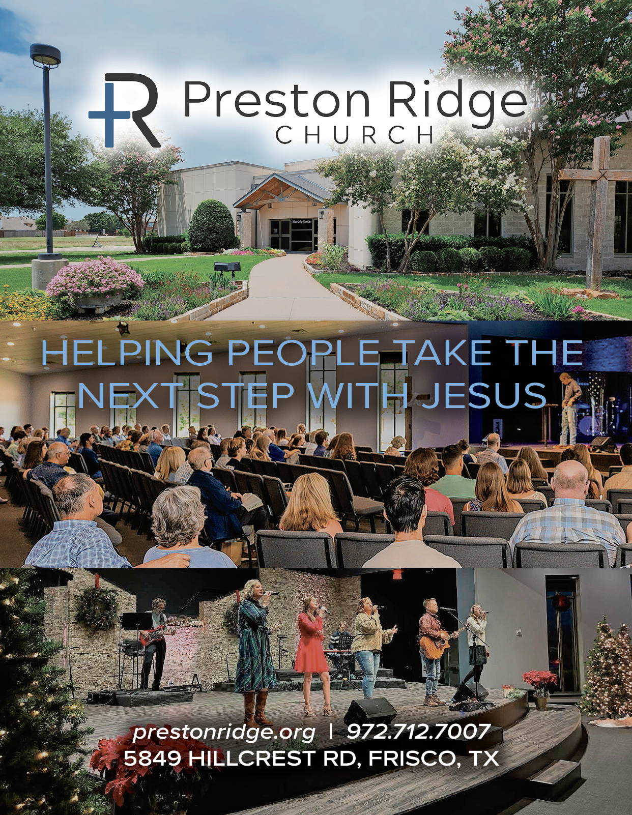 A church advertisement with three different pictures of people singing and playing instruments. AI generated content
