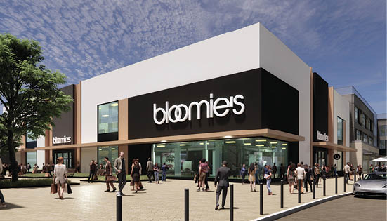 A large group of people are walking outside a building, which is a store called Bloomies. AI generated content