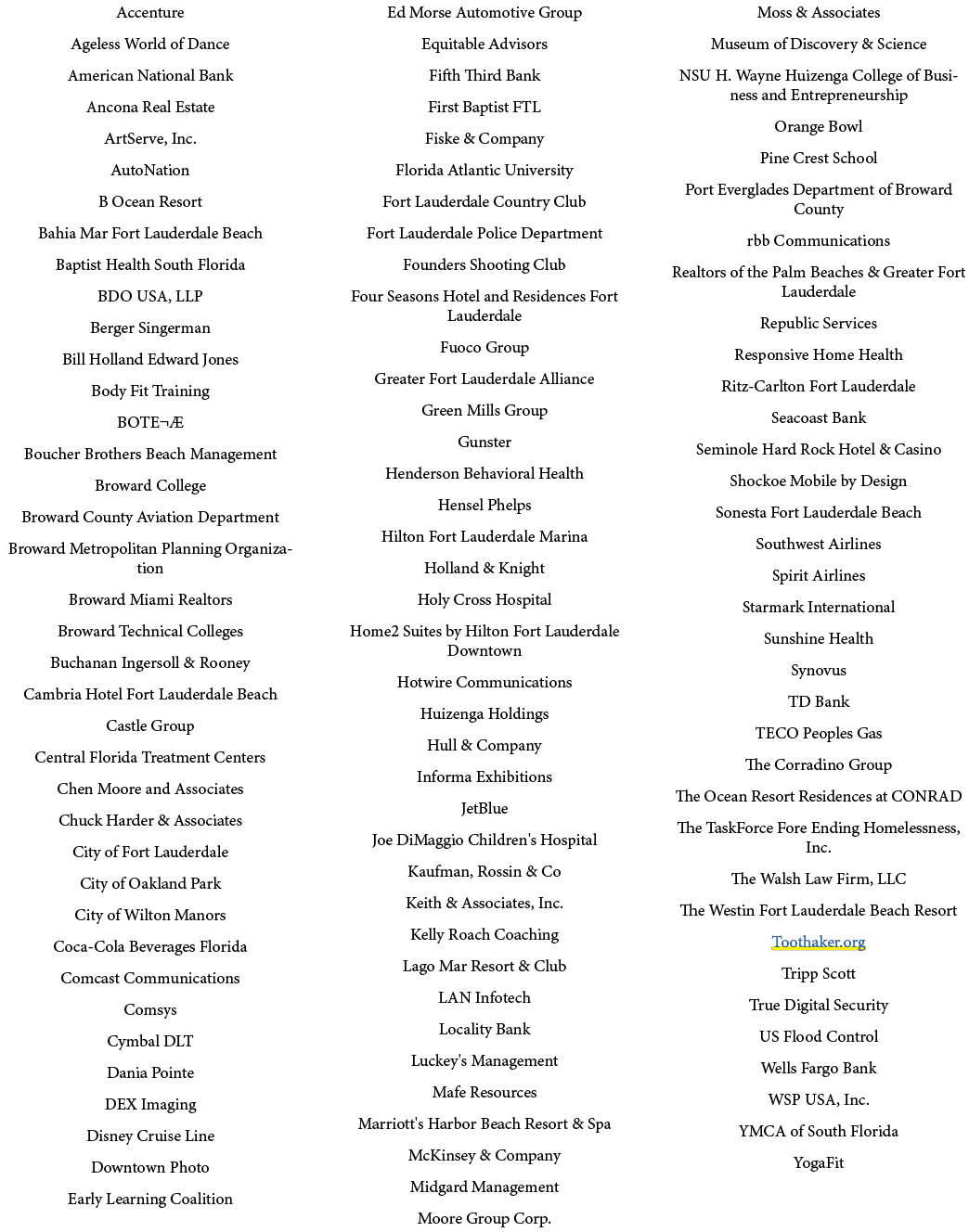 Accenture Ageless World of Dance American National Bank Ancona Real Estate ArtServe, Inc. AutoNation B Ocean Resort B...