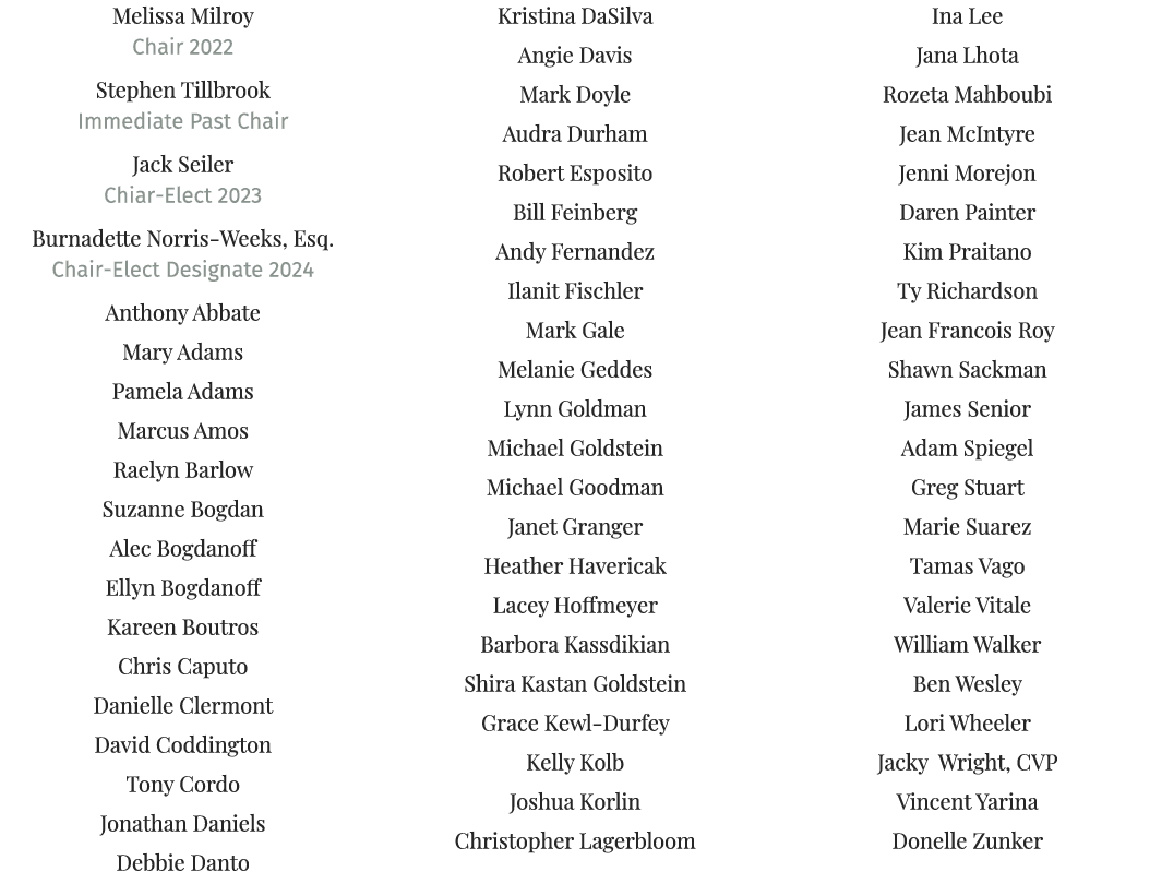Melissa Milroy Chair 2022 Stephen Tillbrook Immediate Past Chair Jack Seiler  Chiar-Elect 2023 Burnadette Norris-Week   