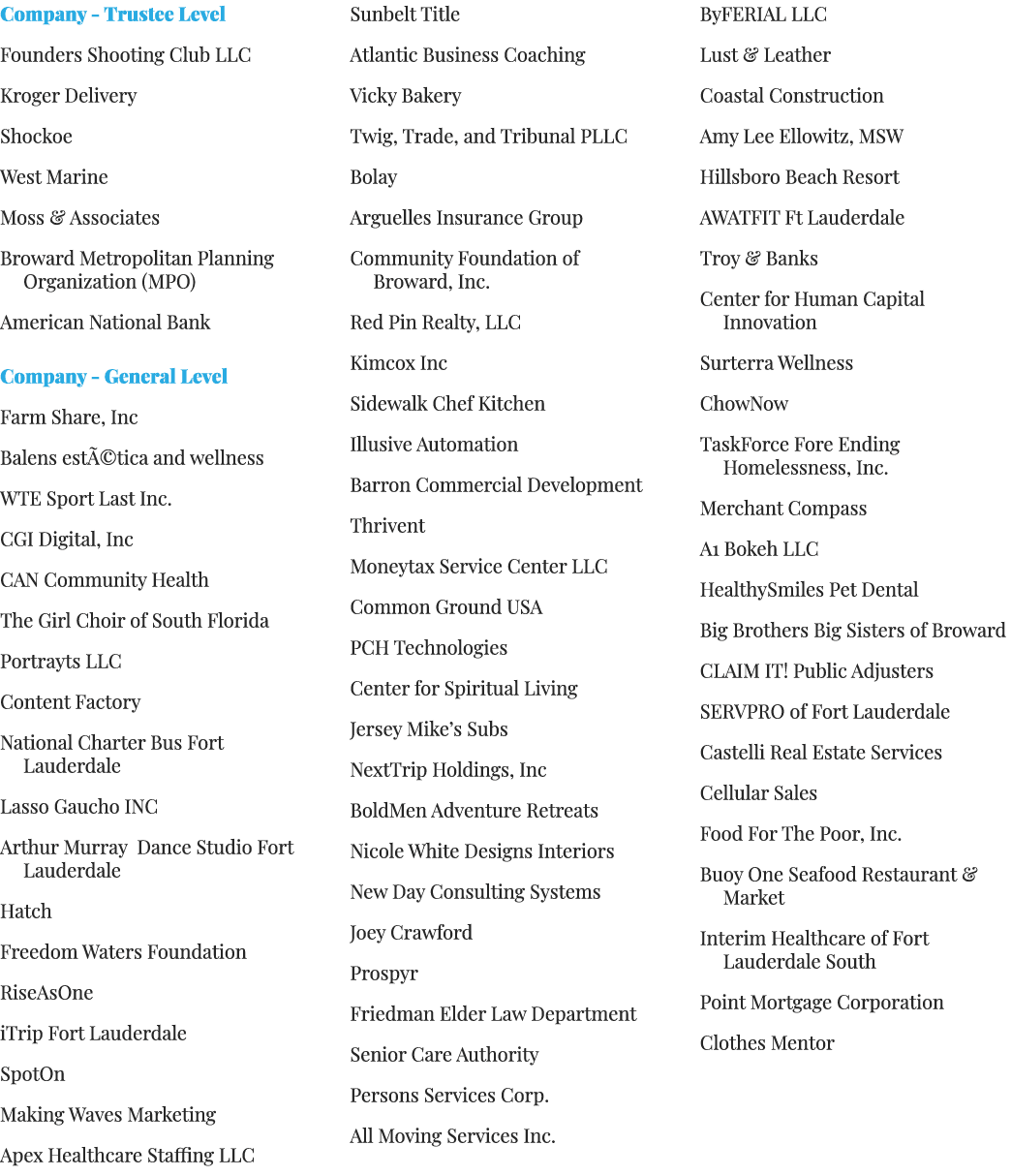Company - Trustee Level Founders Shooting Club LLC Kroger Delivery Shockoe West Marine Moss & Associates Broward Metr...