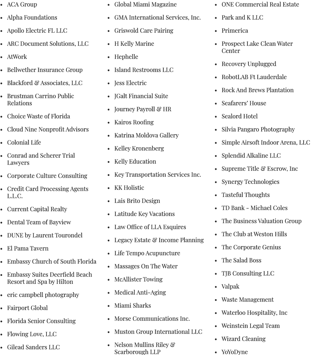 • ACA Group • Alpha Foundations • Apollo Electric FL LLC • ARC Document Solutions, LLC • AtWork • Bellwether Insuranc...