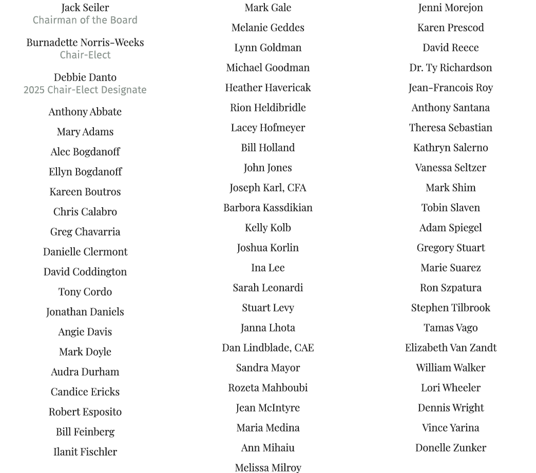 Jack Seiler Chairman of the Board Burnadette Norris Weeks Chair Elect Debbie Danto 2025 Chair Elect Designate Anthony...