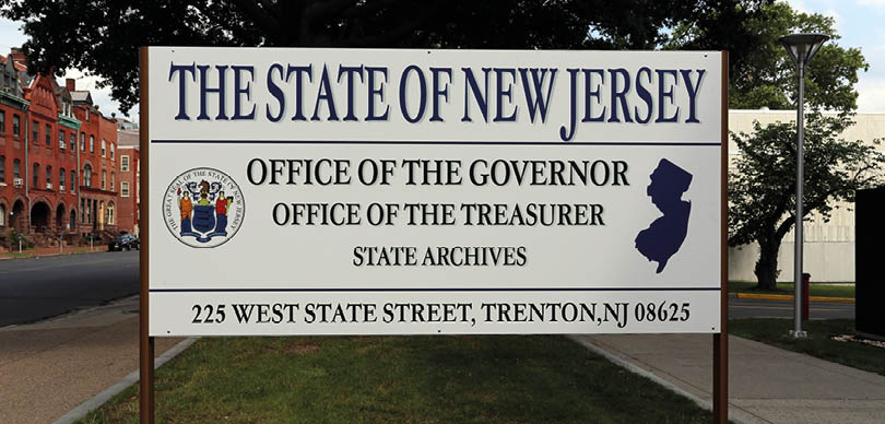 Trenton, New Jersey, USA - September 2, 2018: A sign marking the governor’s office and other state offices in Trenton, New Jersey. Trenton is the state capital of New Jersey.