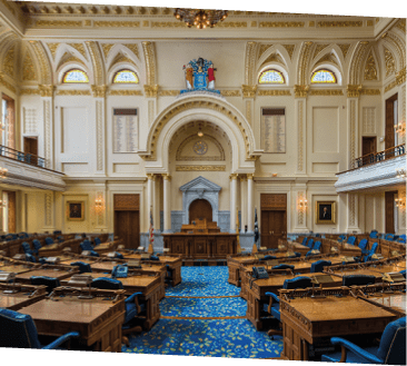 Trenton, New Jersey, USA - July 22, 2015: General Assembly chamber of the New Jersey State House on West State Street in Trenton, New Jersey