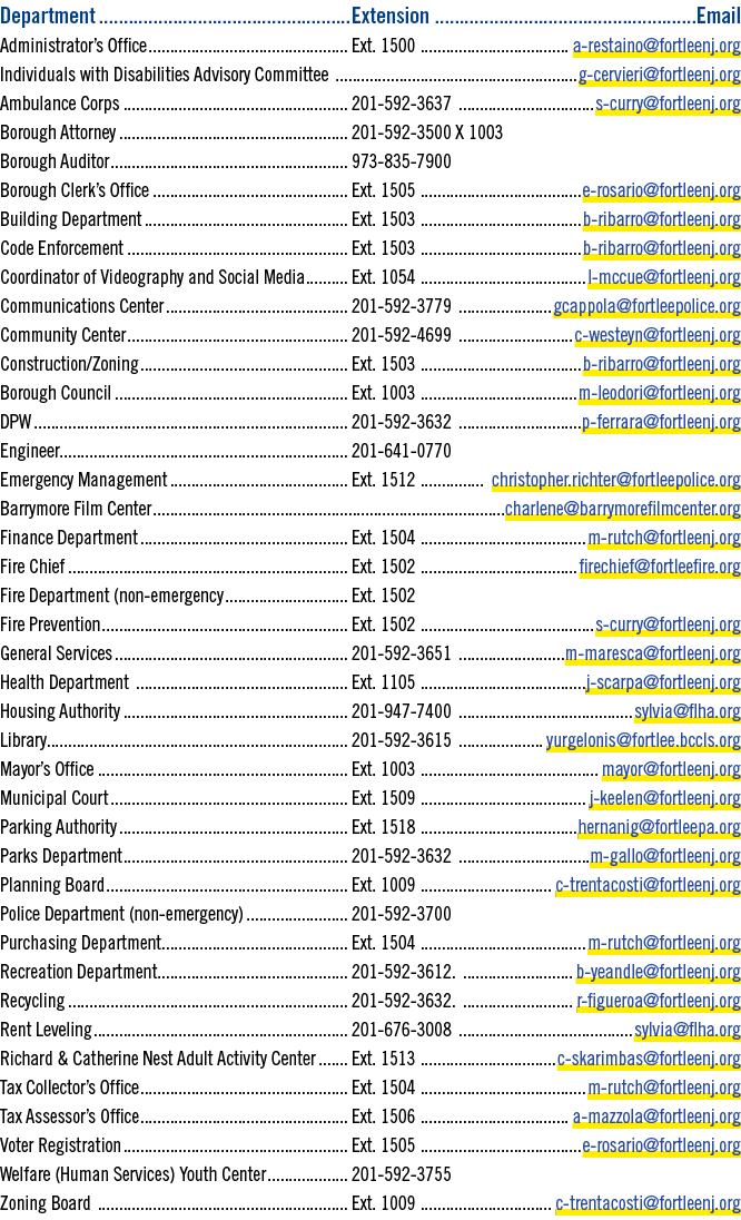 Department Extension Email Administrator’s Office Ext. 1500 a restaino@fortleenj.org Individuals with Disabilities Ad...
