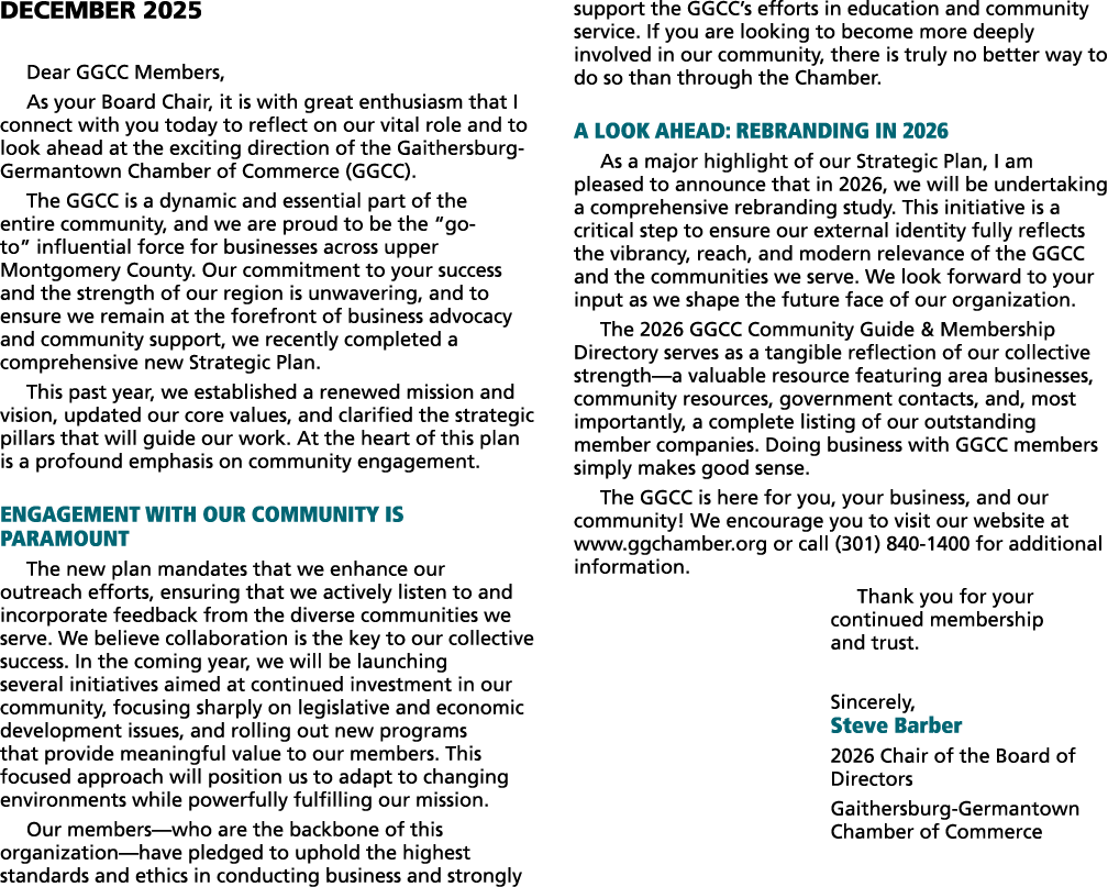 December 2025 Dear GGCC Members, As your Board Chair, it is with great enthusiasm that I connect with you today to re...