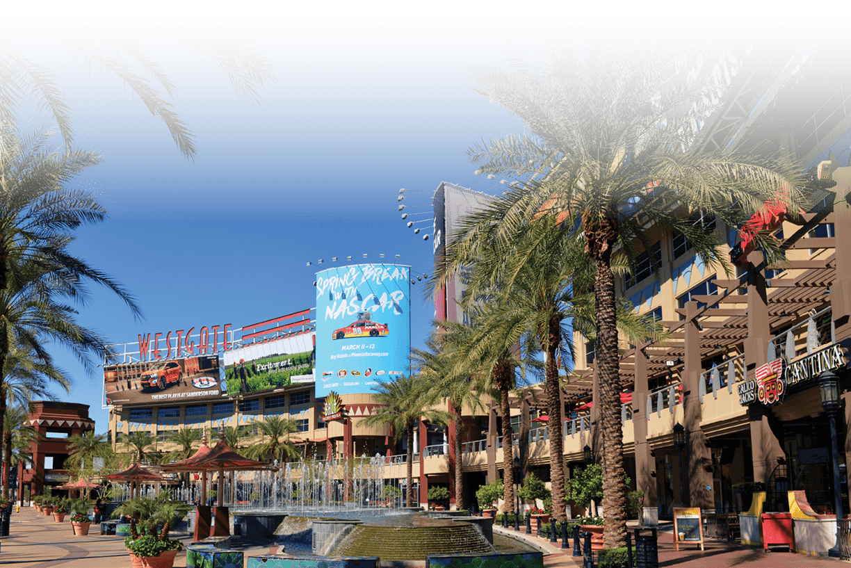 Glendale, AZ, USA - February 25, 2016: A portion of the central court of the Westgate Entertainment District which houses the Gila River Arena, home of the NHL team Arizona Coyotes