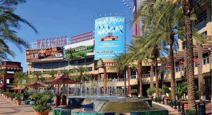 Glendale, AZ, USA - February 25, 2016: A portion of the central court of the Westgate Entertainment District which houses the Gila River Arena, home of the NHL team Arizona Coyotes