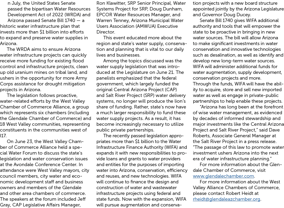 n July, the United States Senate passed the bipartisan Water Resources Development Act of 2022 (WRDA) and Arizona pas...