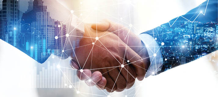 Business Partnership. business man investor handshake with effect global network link connection and graph chart of stock market graphic diagram, digital technology, internet and partnership concept