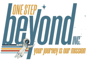 A black and white advertisement for One Step Beyond Inc. AI generated content