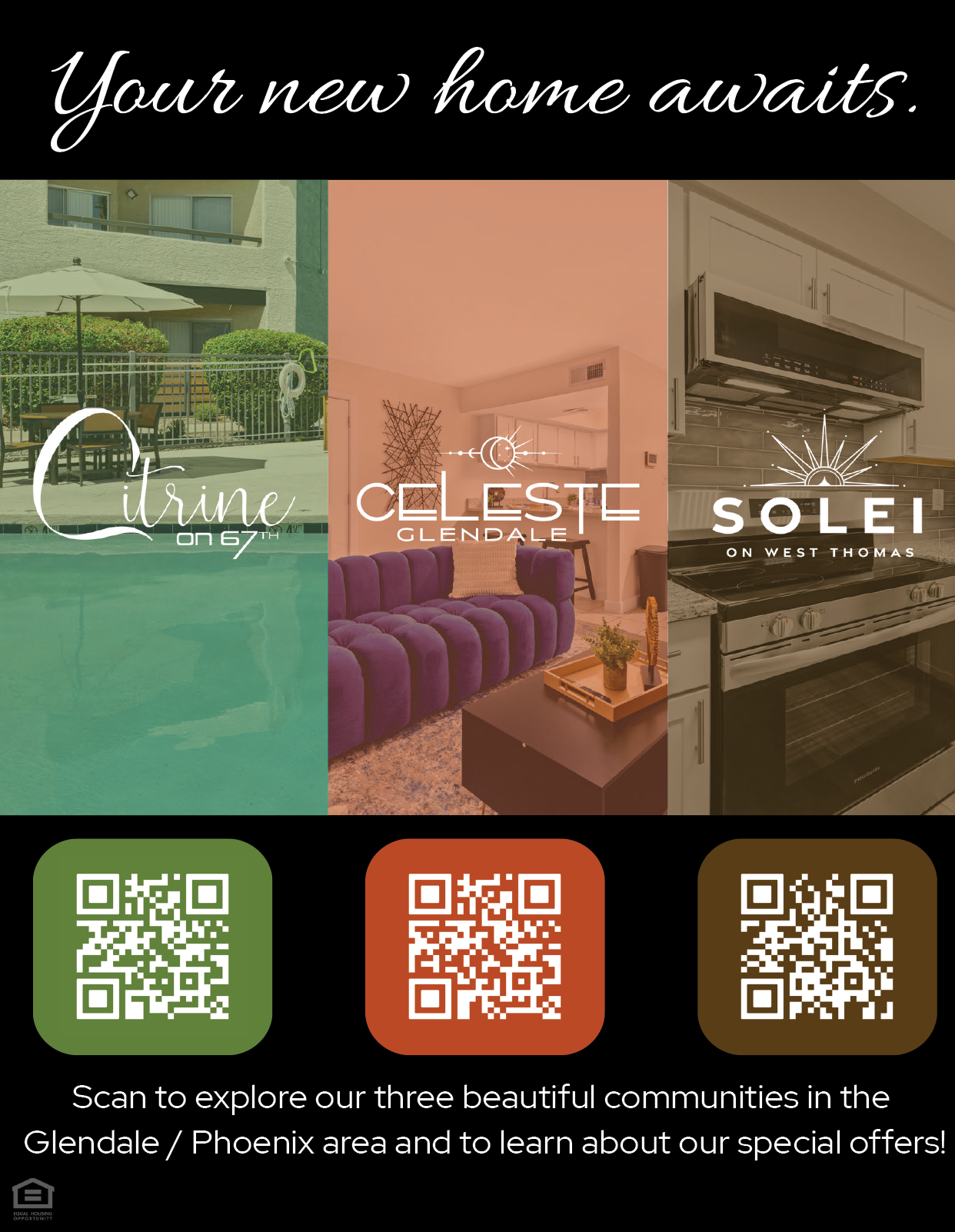 Three images of homes are displayed, each with a QR code. The first image is a large pool house, the second is a cozy living room, and the third is a kitchen. AI generated content