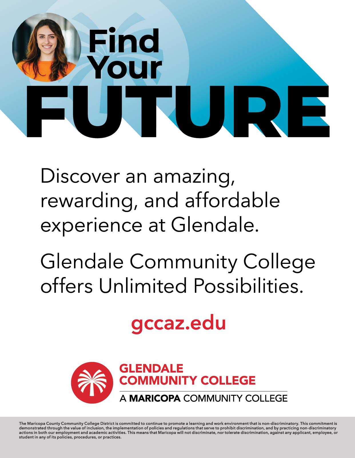 A poster advertising the college, Glendeale Community College, with a woman on it. AI generated content