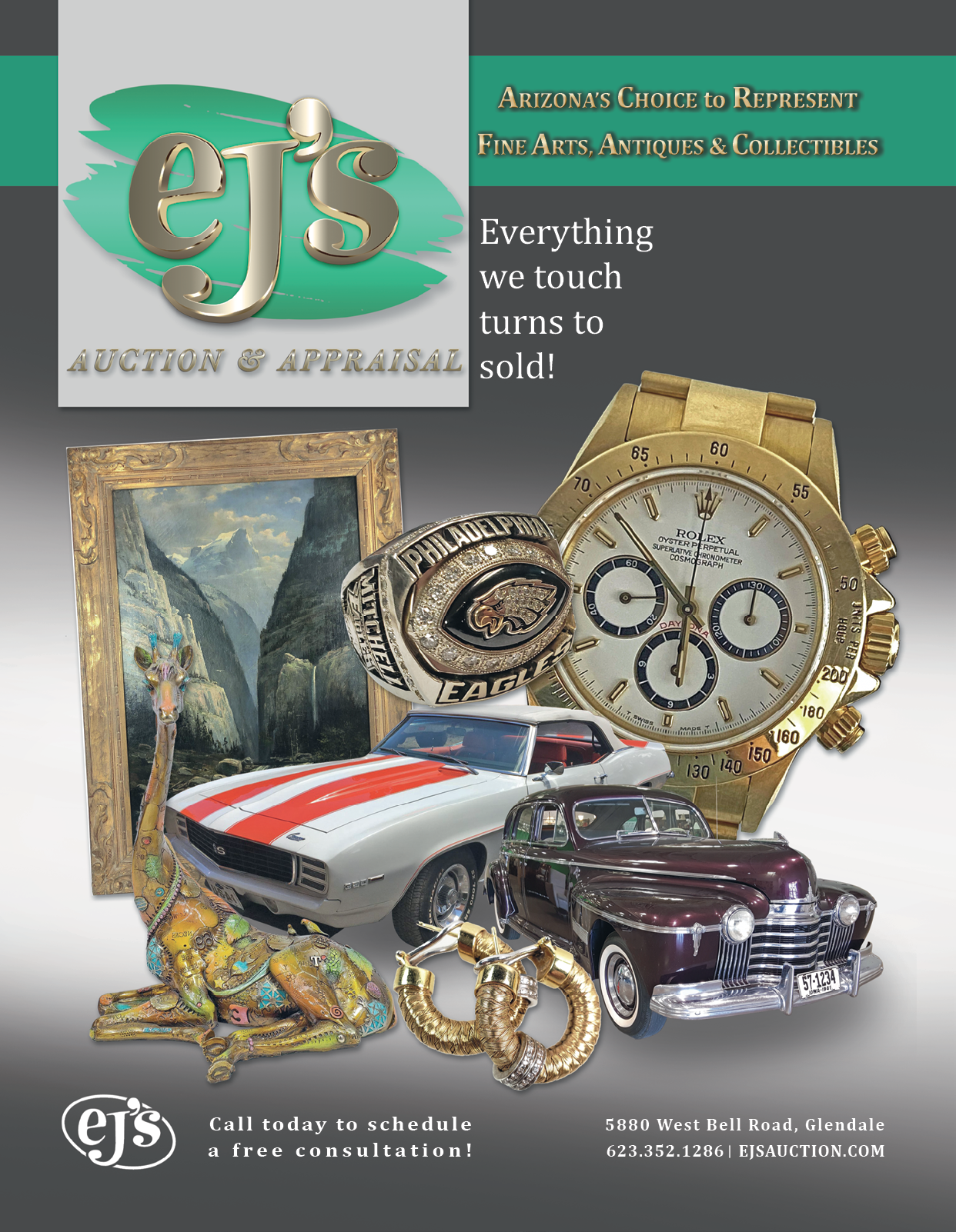 A magazine advertisement for a car and watch auction. AI generated content