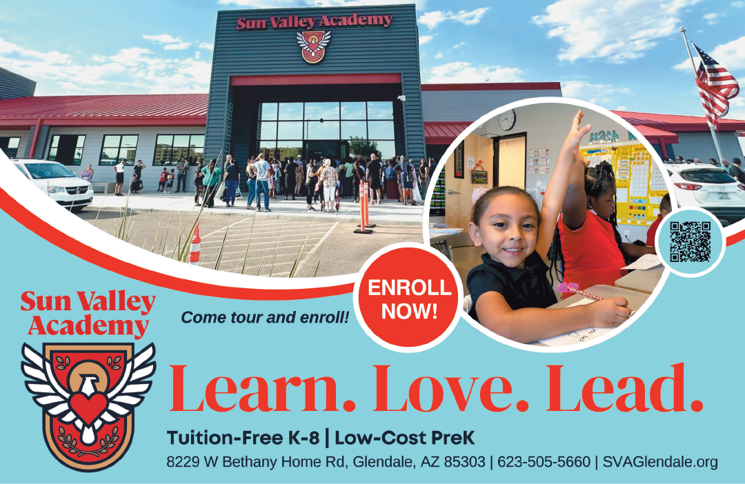 A flyer advertises Sun Valley Academy, a school that teaches children to learn, love, and lead. AI generated content