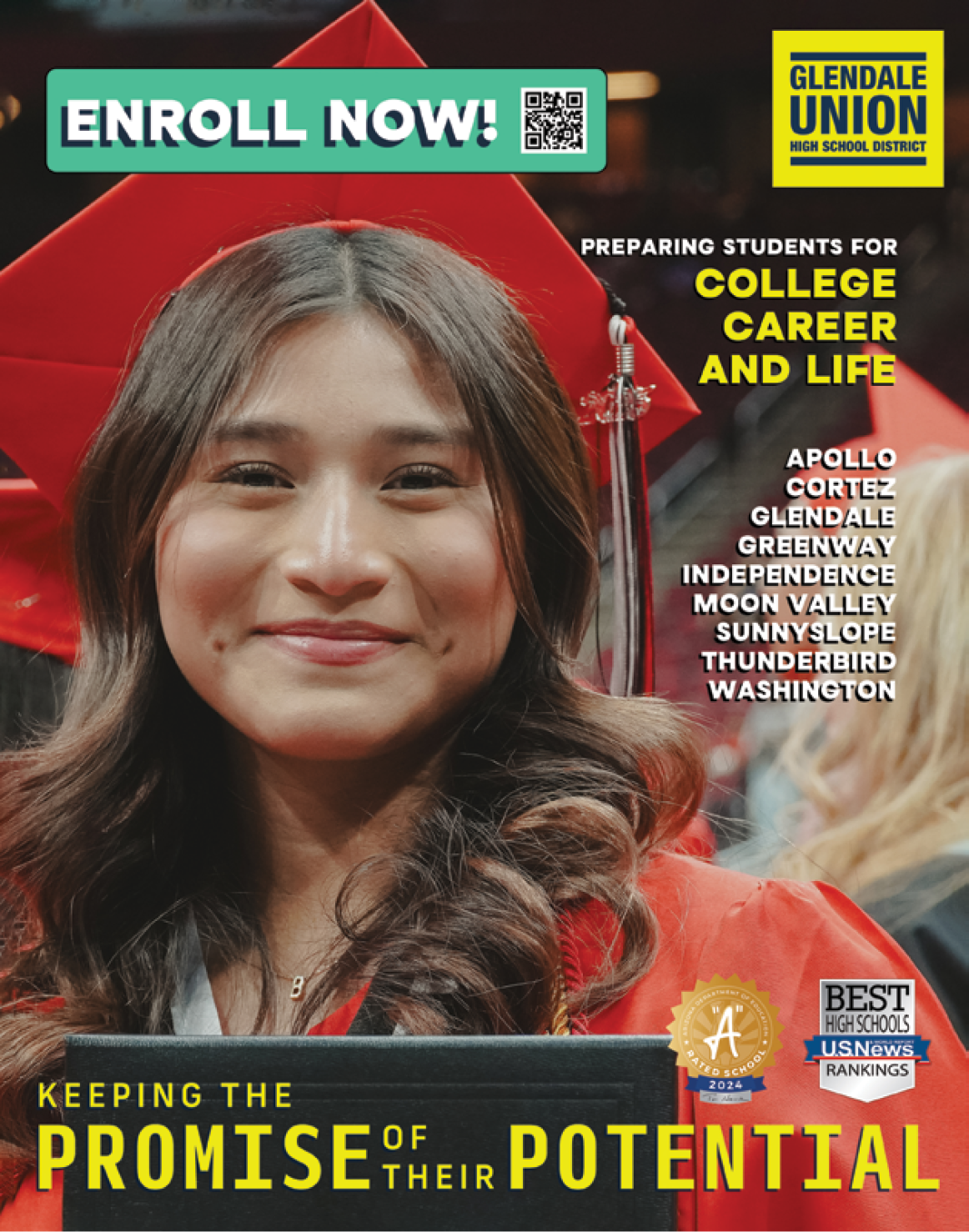 A woman wearing a red graduation cap and gown is smiling for the camera. AI generated content