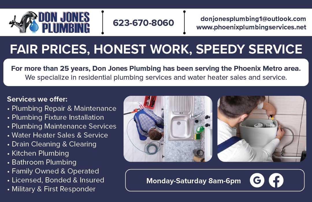 A flyer for Don Jones Plumbing shows a man working on a water heater. AI generated content
