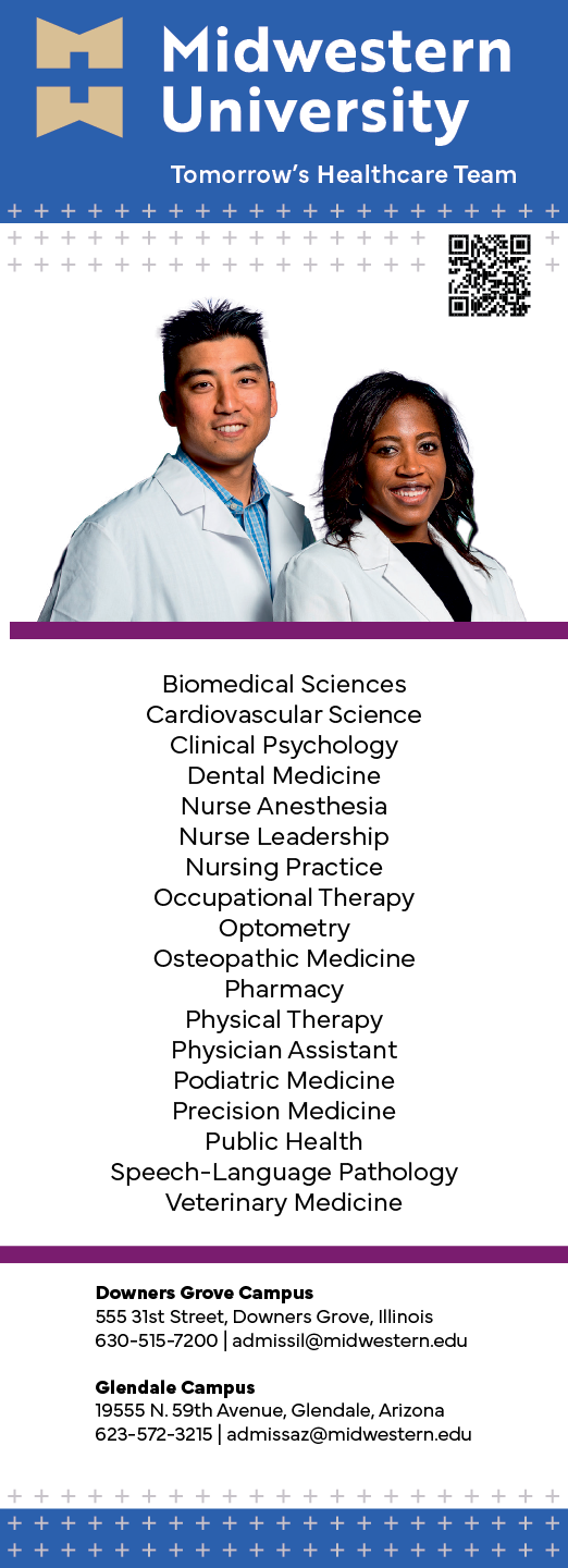 A flyer for the Midwestern University Tomorrow's Health Team features a man and a woman in white coats. AI generated content