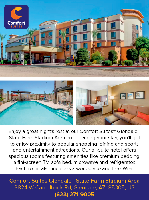 A flyer advertises Comfort Suites Hotel, State Farm Arena, and Glendale. AI generated content
